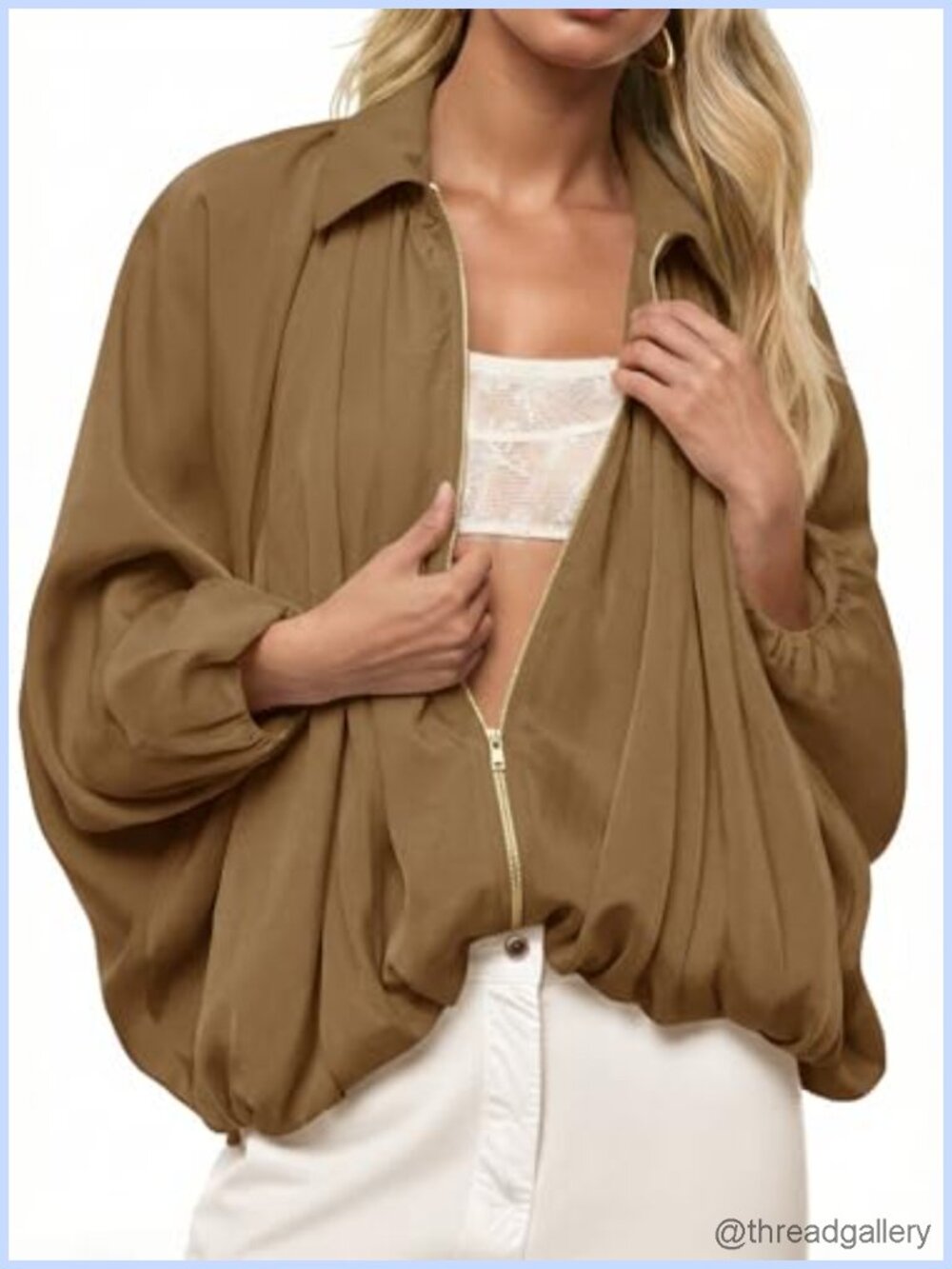 Womens Oversized Bomber Jacket Batwing Puffed Zip Up